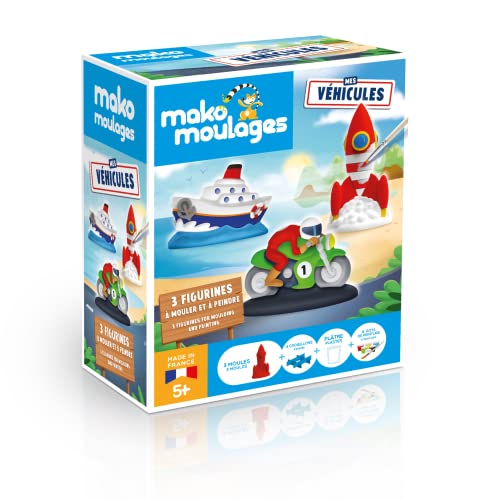 mako moulages - Mes Véles - 3 Moulds of Plaster for Painting - Boat, Rocket and Motorcycle + Pilot - Creative Leisure Kits for Children - Reusable Moulds - Made in France - From 5 Years