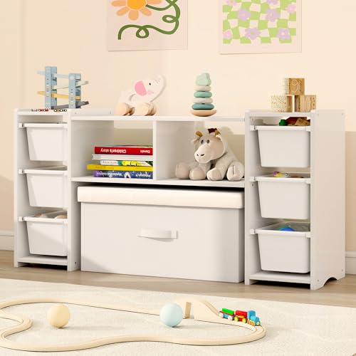 MallBest Montessori Shelf for Kids - 100% Solid Pine Wood with 6 Removable Plastic Bins, Toy Storage Organizer for Playroom, Bedroom & Nursery (White)