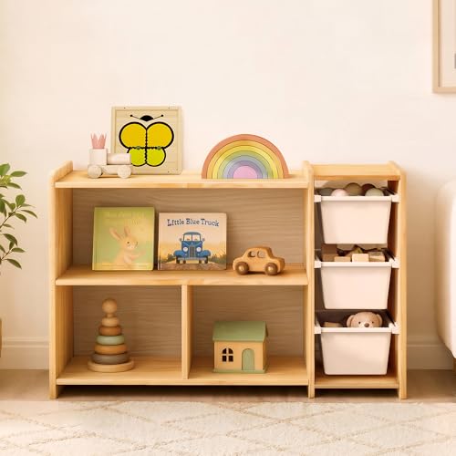 MallBest Montessori Shelf for Kids, Solid Wood Bookshelf and Toy Storage Organizer with 3 Removable Bins, Smooth Rounded Corners, Natural Wood Bookcase for Playroom, Nursery, Bedroom