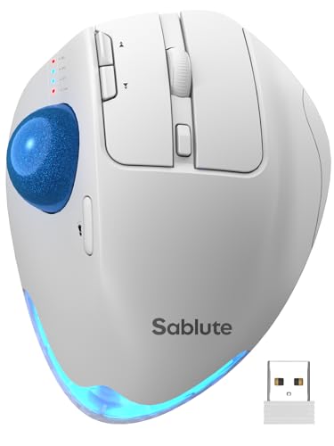 MAM1 Pro Wireless Trackball Mouse, Ergonomic Bluetooth Rechargeable Computer Mouse, Backlit Rollerball Thumb mice with 5 Level DPI, Adjustable Angle, 3 Devices Connection for PC, Windows - White Mouse
