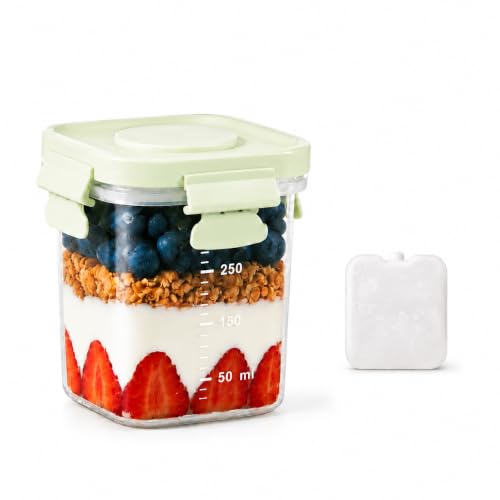 Mamalovey Snack Container with Reusable Ice Pack, Airtight Snack Box for Fruit, Yogurt, Cheese & Meal Prep, Leakproof Food Storage Container for Lunch, Travel & Picnics (300ml Green)