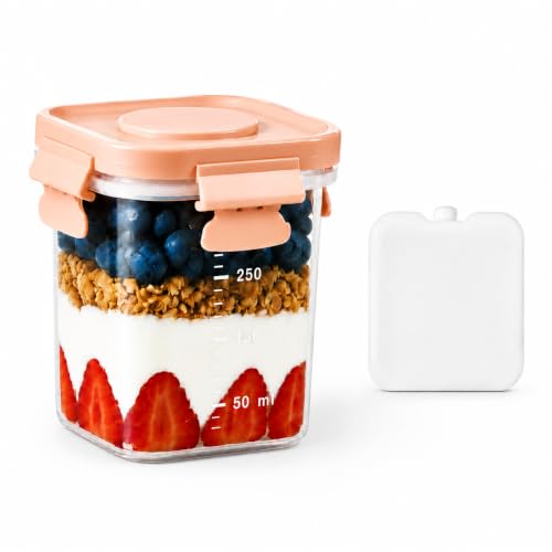 Mamalovey Snack Container with Reusable Ice Pack, Airtight Snack Box for Fruit, Yogurt, Cheese & Meal Prep, Leakproof Food Storage Container for Lunch, Travel & Picnics (300ml Pink)