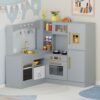 MAMIZO Corner Play Kitchen for Kids, Wooden Pretend Toy Kitchen, Large Toodler Cooking Playset w/Refrigerator, Stove w/Light & Sound, Disinfection Locker, Water Dispenser, Sink, Home Modern (Gray)