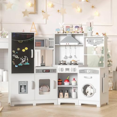 MAMIZO Wooden Corner Play Kitchen, Extra-Large Interactive Kids Kitchen Playset w/Lights & Sounds, Blackboard, Washing Machine, Ice Maker & 7 Accessories, Ultimate Pretend Toy Kitchens for Toddler