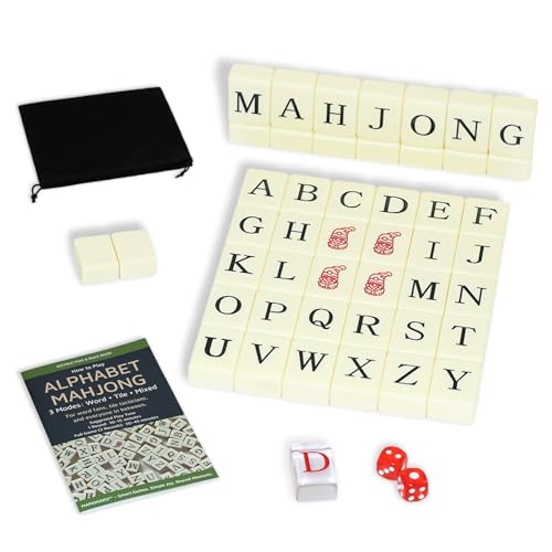 MAMONAKU Alphabet Mahjong Tile Set – English Word Mahjong Game Set for Adults & Teens – 108 Mahjong Tiles, Dice, Dealer Tile, Rulebook & Bag