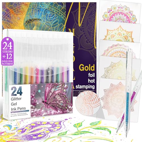 Mandala Adult Coloring Book for Women Relaxation, Gold Foil Mandala Coloring Book Set with 24 Colors Retractable Glitter Gel Pens, 12Pcs Premium Single-Sided Paper Mindfulness Gift Include Gift Bag