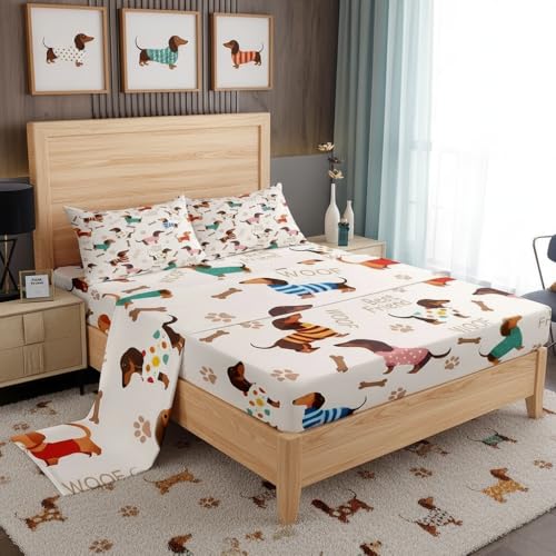 Manfei Cute Dachshund Bed Sheet Set Full,Cartoon Puppy Long Body Bedding Sets for Bedroom Decor All Season,Dog Footprint Bone Silhouette Fitted Sheet + Flat Sheet + 2 Pillow Cases