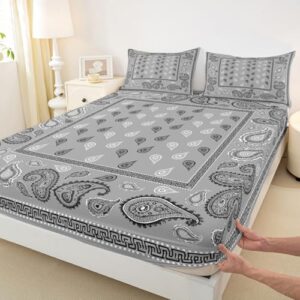Manfei Grey Bandana Fitted Sheet Full Size,Bohemian Paisley Bandanas Bedding Set 3pcs,Boho Chic Floral Bed Sheets with 2 Pillowcases,Kids Boys Girls Room Decor,Soft Bedding(No Flat)