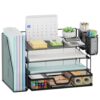 Marbrasse Desk Organizer and Accessories，4-Tier Paper Letter Tray Organizer with File Holder, Desk Accessories & Workspace Organizers with Drawer and 2 Pen Holder (Black, 15.4" x 9.1" x 8.3")