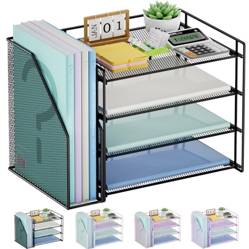 Marbrasse Desk Organizer and Accessories,4-Tier Paper Letter Tray Organizer with File Holder,Desk Accessories & Workspace Desktop Organizers for School Home Office Supplies (Black)