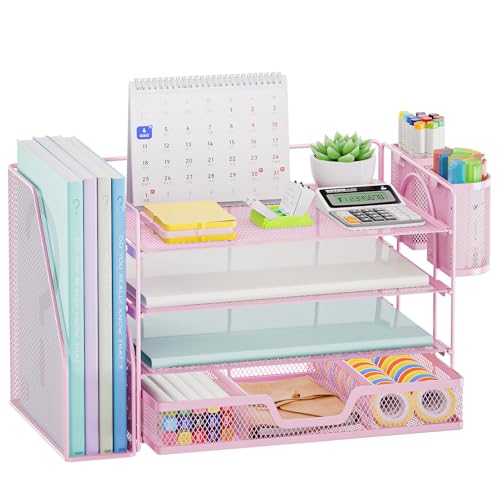 Marbrasse Desk Organizer and Accessories,4-Tier Paper Letter Tray Organizer with File Holder, Workspace Desk Organizers Accessories with Drawer and 2 Pen Holder (Pink, 15.4" x 9.1" x 8.3")