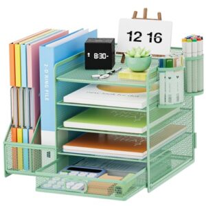 Marbrasse Desk Organizer with File Holder, 5-Tier Paper Letter Tray Organizer with Drawer and 2 Pen Holder, Mesh Desktop Organizer and Storage with Magazine Holder for Office Supplies (Green)