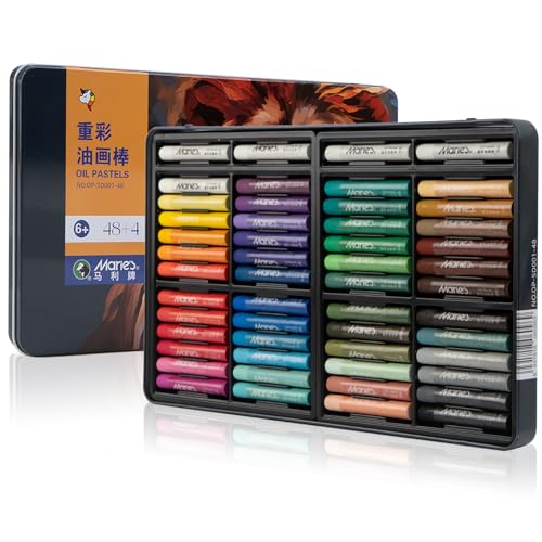 Marie's Oil Pastels Set, Tin Box 48 Colors + 4 Bonus White Sticks, Rich Pigments, Smooth Soft Texture for Painting, Drawing and Sketching - for Artists, Beginners, Students and Teachers (10 x 70 mm)