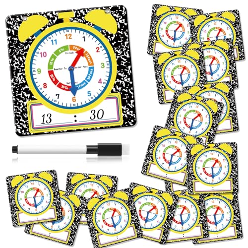 Marspark 25 Pcs Teaching Clock Kit Learning Clocks for Kids Students Back to School Composition Notebook Learning Time with Erasable Surface for Teaching Aids Home School Classrooms Supplies