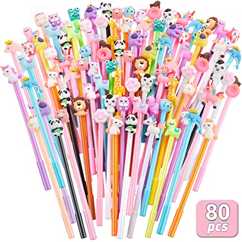 Marspark 80 Pcs Cute Pens Bulk Fun Cartoon Black Gel Ink Cool Animal Pens for Kids 28 Styles Assorted Style Novelty Rollerball Cartoon Stationery for Office Back to School Gifts Student Prizes