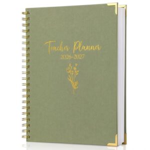 Marspark Teacher Planner 2026-2027 Weekly and Monthly Daily Agenda Book with Gold Foil Linen Cover and Performance Tracking Logs for Educators July 2026 to June 2027 Organizer Large A4 8.5 x 11(Green)