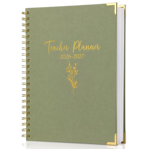 Marspark Teacher Planner 2026-2027 Weekly and Monthly Daily Agenda Book with Gold Foil Linen Cover and Performance Tracking Logs for Educators July 2026 to June 2027 Organizer Large A4 8.5 x 11(Green)