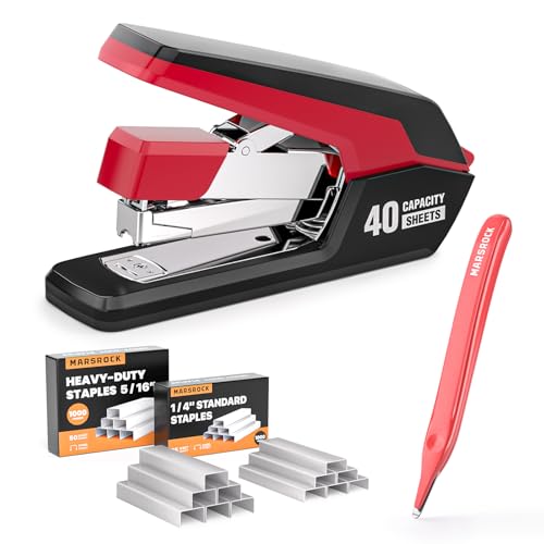 MARSROCK Effortless Stapler for Desk with 40-50 Sheet Capacity, 2000 Staples, 1-Touch Stapling, Ergonomic & Easy to Load Desktop Staplers, Heavy Duty Stapler, and Magnetic Staple Remover, Red