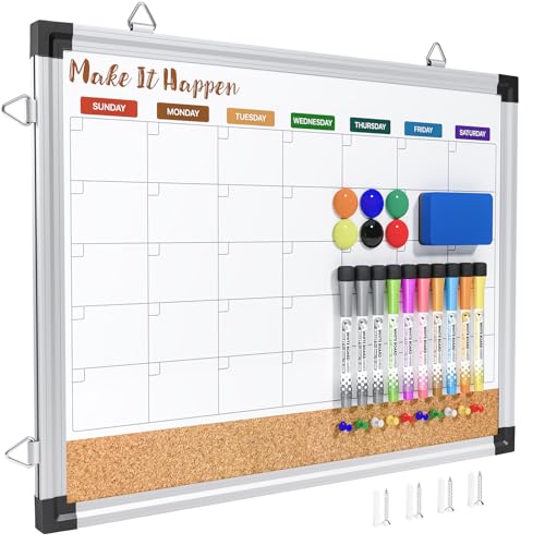 Marsrock Monthly Dry Erase Board and Cork Board Combo for Wall, 17"x13" Reversible Hanging Dry Erase Board, Double Sided White Board with Aluminum Frame for Planning, Office, Kitchen, School, Home