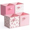 Marsui 4 Pcs Pink Floral Cube Storage Bins 10.6 Inch Pink Flower Storage Basket with Handle, Preppy Girls Organizer Basket, Collapsible Fabric Box for Classroom Bedrooms Office Home Decoration Gift