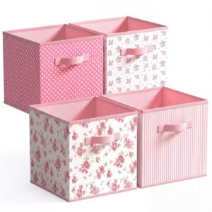 Marsui 4 Pcs Pink Floral Cube Storage Bins 10.6 Inch Pink Flower Storage Basket with Handle, Preppy Girls Organizer Basket, Collapsible Fabric Box for Classroom Bedrooms Office Home Decoration Gift