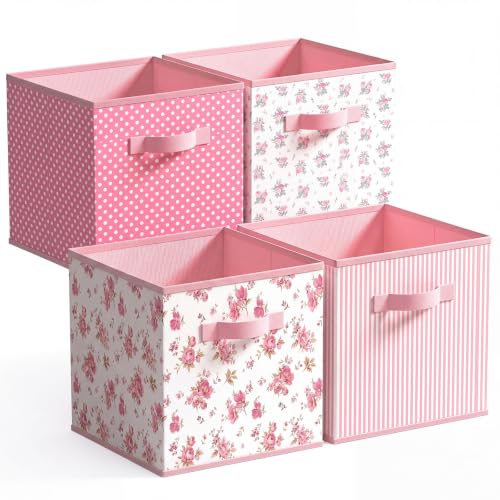 Marsui 4 Pcs Pink Floral Cube Storage Bins 10.6 Inch Pink Flower Storage Basket with Handle, Preppy Girls Organizer Basket, Collapsible Fabric Box for Classroom Bedrooms Office Home Decoration Gift