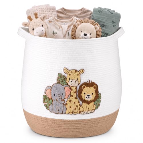 Marsui Large Woven Animal Storage Basket, 16.9 x 17.7 Inch Nursery Hamper with Handles, Cute Elephant Giraffe Lion Pattern Bin for Kids Toddler Bathroom Laundry Room Toys Blankets Clothes Organizer