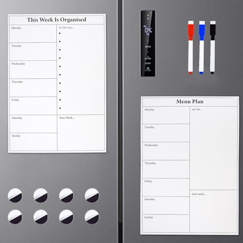 Marte Vanci Magnetic Dry Erase Board for Fridge, Weekly Calendar Menu Board, Small Refrigerator Whiteboard & Meal Planning Board Set for Fridge with 8 Magnets & 3 Pens for Grocery Shopping List