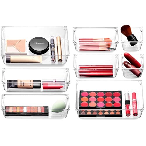 Masirs Clear Drawer Organizer - Easily Organize and Customize the Layout of Drawers. Great for Office Desk, Utensils, Cosmetics and Makeup. (8-Piece Set)