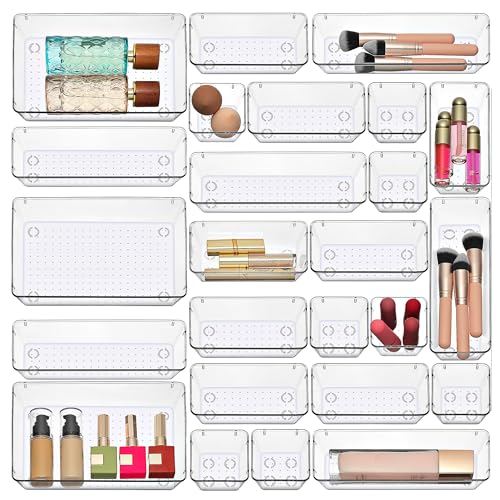 Masirs Clear Drawer Organizers Set 25 PCS – Plastic Storage Bins for Desk, Kitchen, Bathroom, Vanity – Modular, Stackable, Non-Slip Drawer Organizer Trays for Makeup, Utensils, Office Supplies
