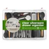 Masirs Expandable Utensil Drawer Organizer - BPA-Free Plastic Clear Silverware Tray with Multiple Compartments - Non-Slip Cutlery Storage for Kitchen, Bathroom, or Office Drawers (Black)
