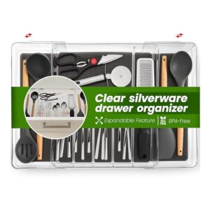 Masirs Expandable Utensil Drawer Organizer - BPA-Free Plastic Clear Silverware Tray with Multiple Compartments - Non-Slip Cutlery Storage for Kitchen, Bathroom, or Office Drawers (Black)