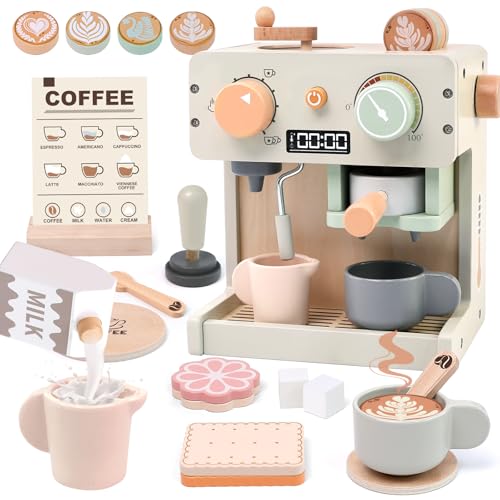 Masonbaby Toy Coffee Maker for Kids Wooden Coffee Playset with Grinder, Realistic Pretend Play Kitchen Accessories Montessori Learning Toys Birthday Gifts for Girls Boys Ages 3 4 5 Years