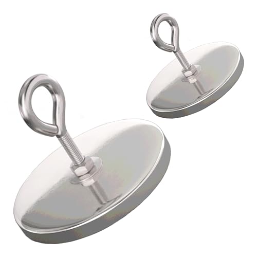 Master Magnetics Ceramic Round Base Magnet with Eyebolt Pack - Heavy-Duty Strong Magnets - 95 lb Pull Each - Chrome-Plated - 3.20” D - 2.13” H - 2-Pack