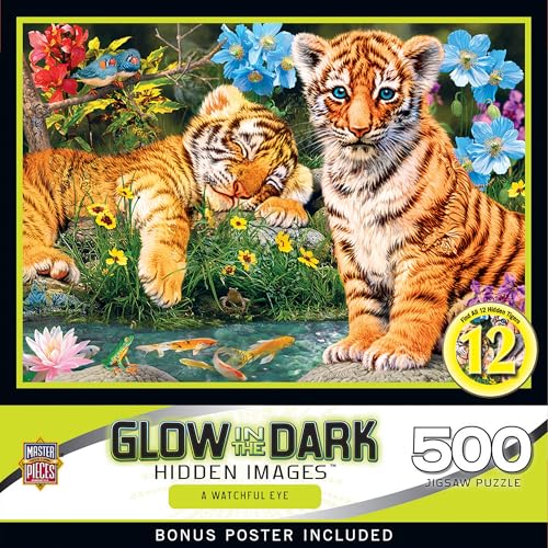 MasterPieces - 500 Piece Jigsaw Puzzle, Glows in the Dark, Hidden Images, A Watchful Eye, Fun for Adults, Family, Kids, 15" x 21"