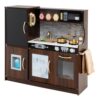 MAT EXPERT Kids Kitchen Playset, Wooden Chef Pretend Toy Kitchen w/Chalkboard, Ice Maker, Cookware Accessories, Telephone, Microwave, Play Kitchen for Toddlers, Gift for Boys Girls 3+ (Coffee)
