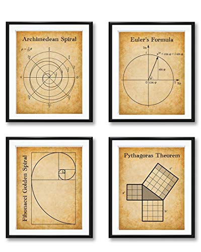 Math Art Prints - Archimedean Spiral, Euler's Formula, Fibonacci Golden Spiral, Pythagoras Theorem - Set of Four Gallery Wall 8x10 Unframed - Geometry Wall Decor & Math Poster