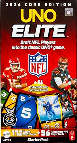 Mattel Games UNO Elite NFL Card Game, 2024 Officially Licensed Core Edition with 4 Collectible Foil Cards Featuring Team Players