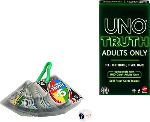 Mattel Games UNO Truth Adults Only Card Game, Play Anywhere, Travel, Dorm, Camping & Party, Waterproof Cards, Question & Answer, 4 Levels of Raciness