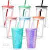Maucircol 8 Pack 16 Oz Acrylic Snowglobe Tumbler, Pre-Drilled Double Wall Plastic Kids Snow Globe Cup for Glitter Snow Globe Diy,with Colorful Lid