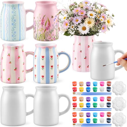 Maxdot 6 Pcs DIY Ceramic Vases with Handle Paint Your Own Flower Pot Kit Unpainted White Flowers Pitcher Decor Painting Kit for Craft with Brushes Paints and Palettes for Home Spring Gifts