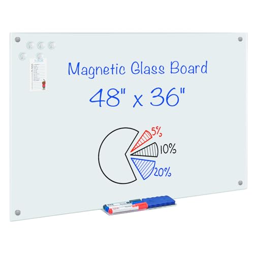 maxtek Magnetic Glass Dry Erase White Board, 48" x 36" Frameless Glass Board for Wall Mounted, Includes 5 Magnets, 3 Markers and 1 Eraser for Classroom Home, Office Supplies (White)