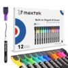 maxtek Magnetic Whiteboard Markers - 12 Count Colorful Fine Tip Dry Erase Markers with Eraser for Kids, Low Odor Thin Markers for Calendar Boards