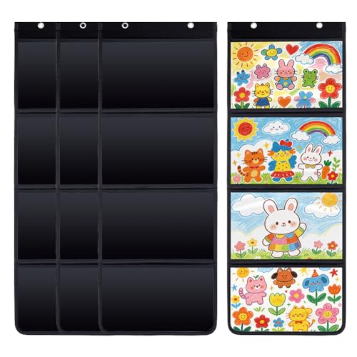 MAYJOYDIY 4 Pcs Black Storage Pocket Chart for Classroom 37.4x13.5 in 4 Pockets Hanging Wall File Organizer Wall Mounted Classroom Schedule Pocket Chart for Teachers Homework Cards Drawing Pictures