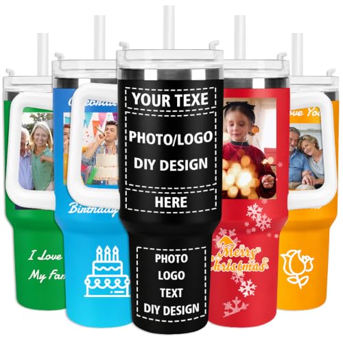 Mccxva Personalized 40 Oz Tumblers, Stainless Steel Custom Coffee Mug with Handle Straw, Insulated Travel Custom Water Bottle with Photo Text Logo, Personalized Gifts for Girls Men Women Teachers