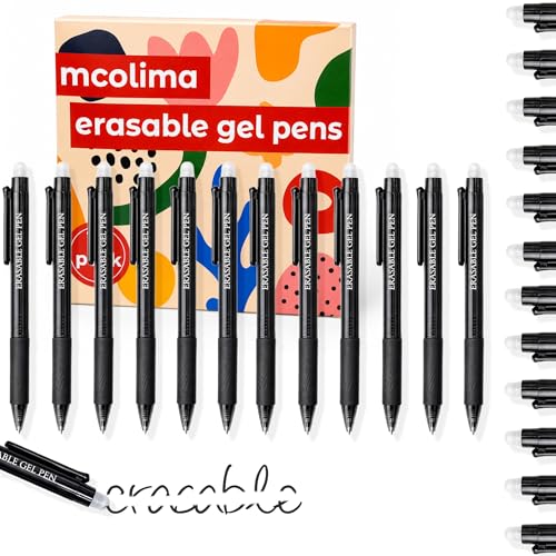 MCOLIMA Black Erasable Gel Pens, 12 Pack Retractable Erasable Pens Soft Black Ink, 0.7mm Fine Point Quick Dry, Clicker Pens for Note Taking, Work, Crossword Puzzles, School Office Supplies