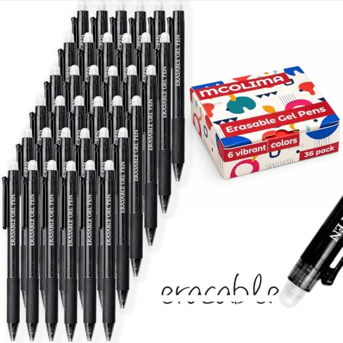 MCOLIMA Black Erasable Gel Pens Bulk, 36 Pack Retractable Erasable Pens Soft Black Ink, 0.7mm Fine Point Quick Dry, Clicker Pens for Note Taking, Work, Office, Classroom School Supplies