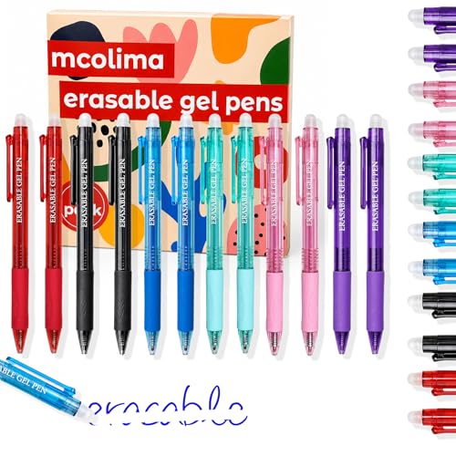 MCOLIMA Erasable Gel Pens, 12 Pack Retractable Erasable Pens with Clicker, 0.7mm Fine Point Quick Dry Ink, 6 Vibrant Assorted Colors for Note Taking, Planners, Journaling, School Office Supplies