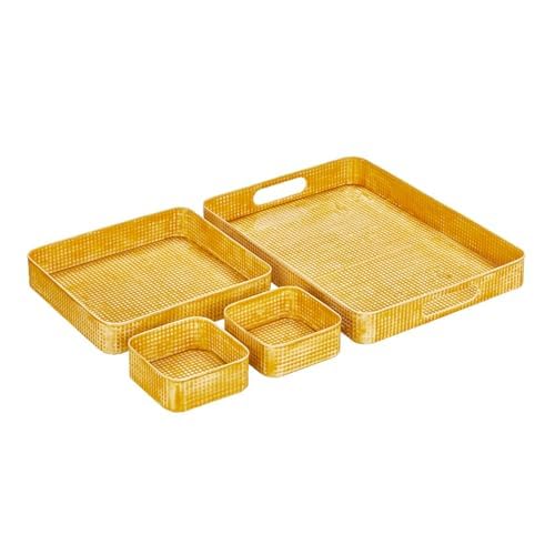 mDesign Nesting Hammered Stainless Steel Tray Set with Handles - Decorative Serving Trays for Entertaining - Holds Food, Tea, or Coffee - Metal Serving Platter for Breakfast Table - Set of 4 - Yellow