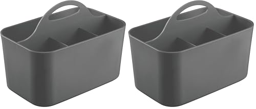 mDesign Small Plastic Shower/Bath Storage Organizer Caddy Tote with Handle for Dorm, Shelf, Cabinet - Hold Soap, Shampoo, Conditioner, Combs, Brushes, Lumiere Collection, Dark Gray (Pack of 2)